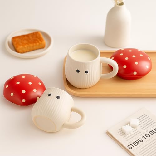 Image of The Deluxe Creations Ceramic Coffee Mug with Lid - Set of 2, 200ml Each - Cute Mushroom Mug for Coffee & Tea, Microwave & Dishwasher Safe, Gift for Christmas & New Year, Office & Home