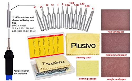 Soldering Iron Tips 12 pcs 900M Replacement Solder Tips Kit (B, I, K, D, C) with Cleaning Sponge, Cloth, Sandpaper (Fine, Medium, Rough) for Soldering Iron Station from Plusivo