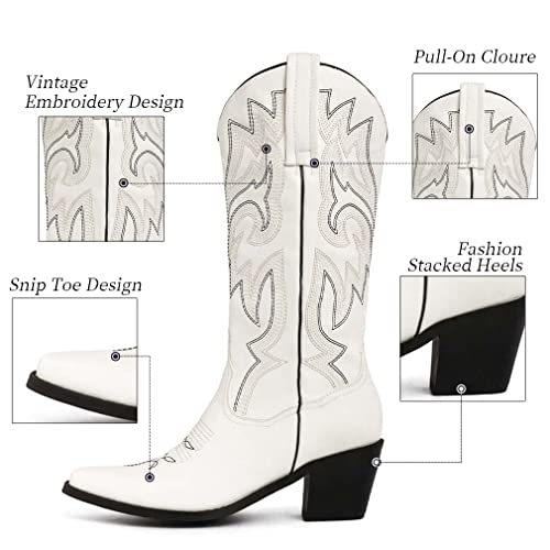 Heelchic Womens Embroidered Cowboy Cowgirl Boots Snip Toe Chunky Heel Western Boots Pull On Mid Calf Boots #TOP6