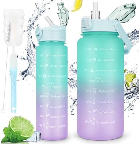 AOHAN 2 Litre Water Bottle, Time Markings and Straw Motivational Sport Water Bottle, BPA Free Drinking Bottle, Leak Proof Water Bottle 2L Ideal for Outdoor School Sport Fitness Gym (Green)