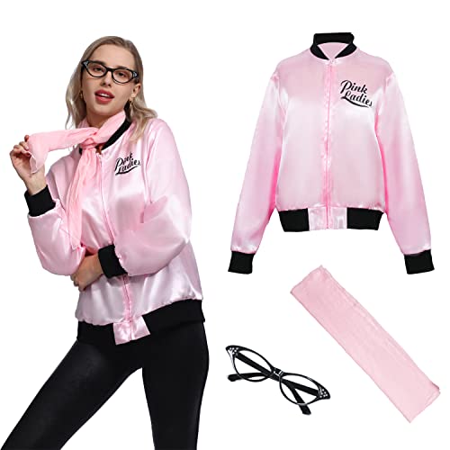 Leadtex Vintage 1950S Women Costume Jacket with Pink Neck Scarfs and Pink Cat Eye Glasses for Women Girls (XL).