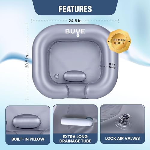 Inflatable Shampoo Basin Kit - Bedside Hair Wash Tub - Portable Shampoo Bowl - Hair Washing Basin - Easy Drainage - Includes Waterproof Cape - 15 oz Refill Bottle - Bedridden - Elderly - Pregnant