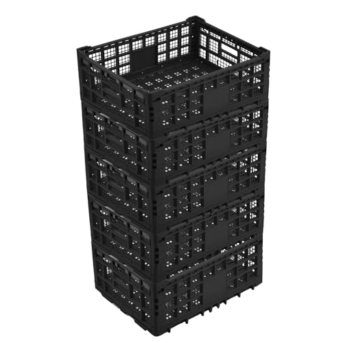 Garvee Lot de 5 Cagette Plastique Pliable Empilable 52 L avec Poignées, Panier de Rangement Multiusage pour Fruits, Légumes, Vêtements, Jouets et Produits d’Épicerie, Noir