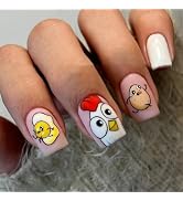 24 Pcs Easter Press on Nails Short Square Fake Nails Cartoon Yellow Cute Chick Designs Easter Mat...