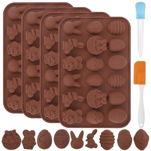 CHMMY Moule Chocolat Paques en Silicone, 4 Pièces Moule à Chocolat en Silicone Antiadhésifs, Facile à Démouler, pour Chocolats Maison, Bonbons, Gelée, avec Spatule et Pipette (type 2)