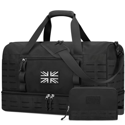ZOMFELT Gym Bag for Men, Tactical Travel Duffle Bags with Shoe Compartment, Waterproof Holdall Sports Overnight Bag with MOLLE System for Travel, Workout, Tactical Use, Flight Approved, Black