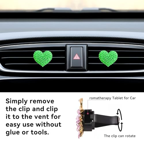 Image of Car Bling Air Vent Clips, 2 Pcs Bling Heart Charm Air Conditioning Outlet Clip, Crystal Rhinestone Accessories, Car Interior Decoration Cute Accessories for Women Girls (Green, Vanilla)