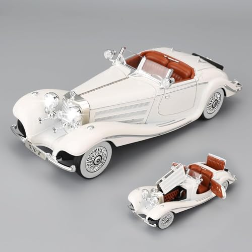 Image of 1:24 Benz 500K Toy Car Model, Diecast Collectible Pull Back Model Car with Sound and Light, Retro Classic Car Toy Gift Vehicles for Adults, Kids, Boys, and Girls (White)