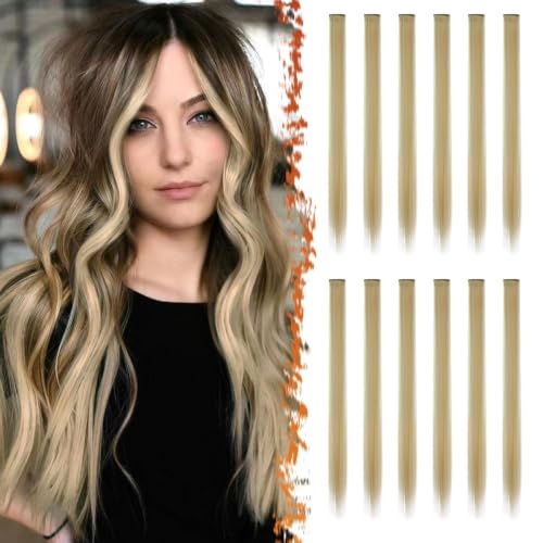 BARSDAR Blonde Hair Extensions Clip in - Colored Clip in Hair Extensions for Women, 22'' 12 PCs Colorful Hair Extension Straight Synthetic Hairpieces Christmas Halloween - Blonde