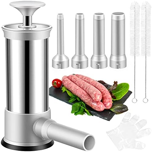 ROSROSE Sausage Stuffer Machine w/4 Stuffing Tubes, Meat Stuffer Sausage Filling, Homemade Manual Vertical Sausage Maker Tool Kit for Household Kitchen, 2.2 LBS Large Capacity