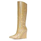 NEWBELLA Women's Glitter Knee High Boots-Sparkly Sequined Wedge Heel Boots with Pointed Toe for Party & Evening