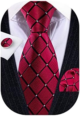 YOHOWA Men Red Black Plaid Ties Set Silk Business Wedding Formal Fashion Necktie Handkerchief Cufflinks Set