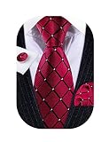 YOHOWA Men Red Black Plaid Ties Set Silk Business Wedding Formal Fashion Necktie Handkerchief Cuffli