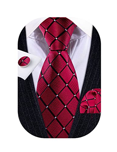 YOHOWA Men Red Black Plaid Ties Set Silk Business Wedding Formal Fashion Necktie Handkerchief Cufflinks Set