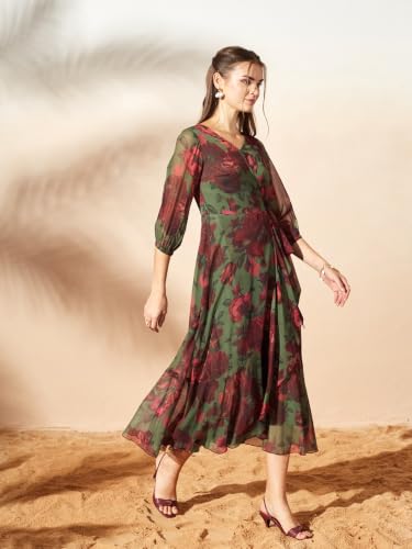 Image of Miss Chase Women's Multicolored Black Floral V-Neck 3 /4 Sleeve Wrap Chiffon Midi Dress