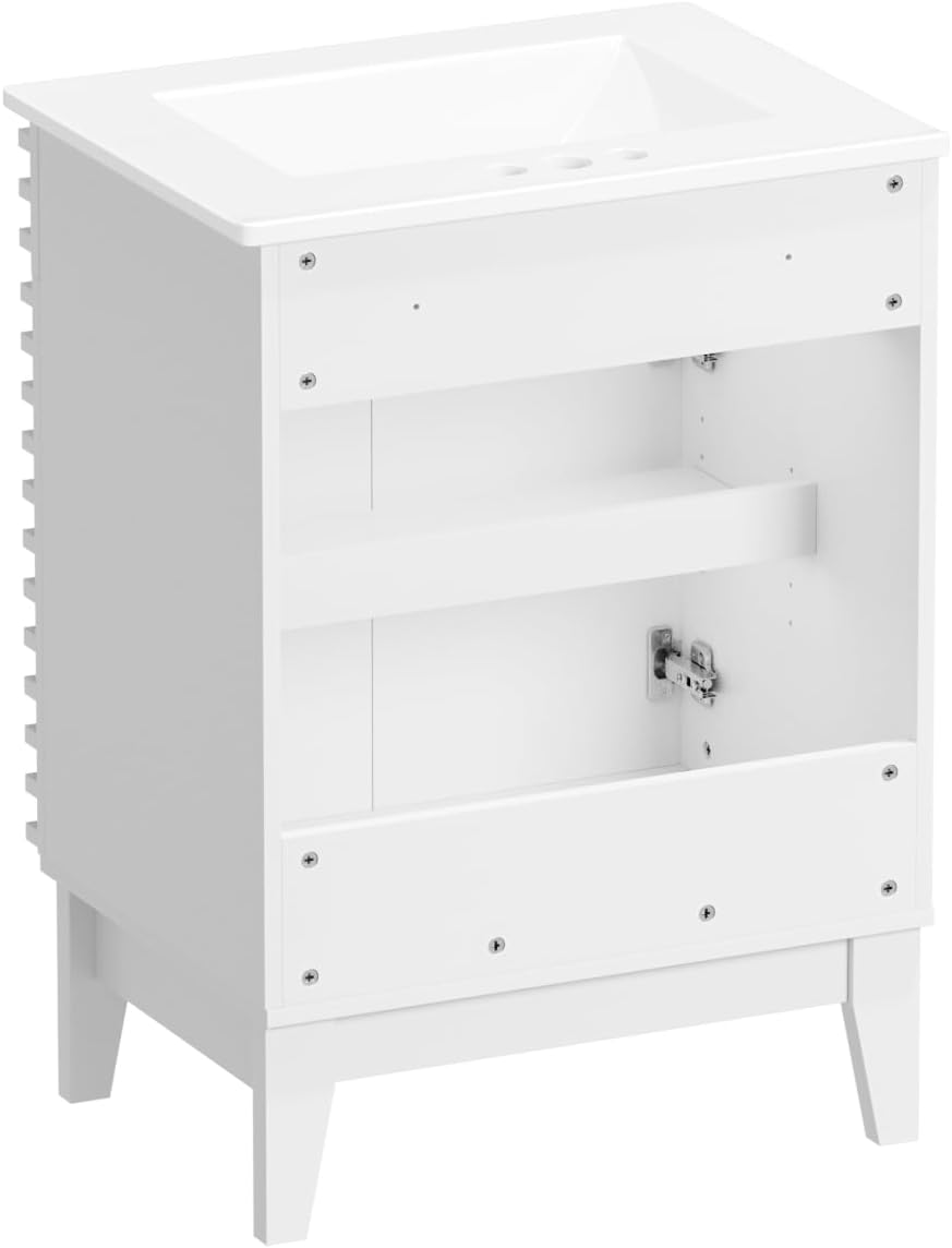 ROOMTEC 24" Bathroom Vanity with Sink, Mid-Century Freestanding Bathroom Vanity Sink with Storage, Undermount Ceramic Sink, Particleboard Frame with Wood Grain Laminate, White