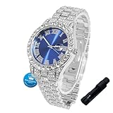 Halukakah Diamonds Gold Watch Iced Out for Boy Teens Kids - Platinum Plated,42mm Blue Dial,Japanese Quartz - 8' Length Adjustable Wristband,with Watch Adjuster Tool - for Birthday,Parties