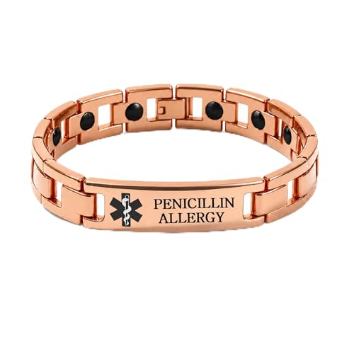 Zircobic Custom Medical Alert Bracelet, Engraved Personal Health ID, Stainless Steel Emergency Info Wristband for Men & Women, Adjustable 23cm (Black/Gold/Rose Gold/Silver) (Rose Gold-PCN ALL)