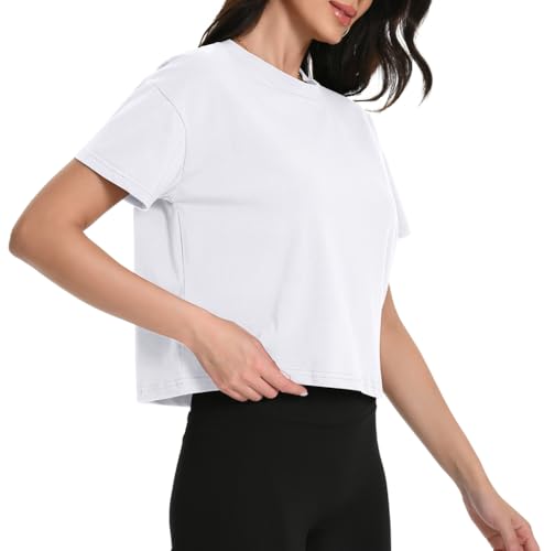 Workout Crop Tops Oversized Tshirts for Women Drop Shoulder Cotton Short Sleeve Tees Boxy Yoga Shirts 20252