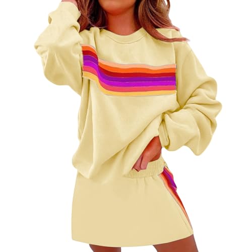 Womens 2 Piece Skirt Sets Trendy Rainbow Striped Long Sleeve Sweatshirt Mini Skirts Sets Matching Sweatsuits Outfits