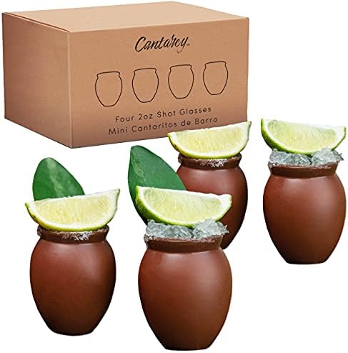 CANTAREY 2oz Cantaritos de Barro - Set of 4 Mini Cantaritos Shooters - Cute Shot Glasses for Tequila - Mexican Fiesta Jarritos de Barro Mexicanos