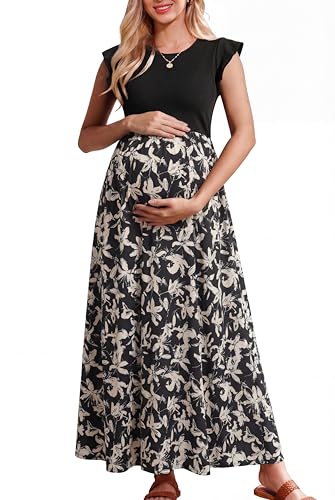 Image of OUGES Women's Maternity Dress Summer Ruffle Sleeve Patchwork Casual Flowy Maxi Dresses with Pockets