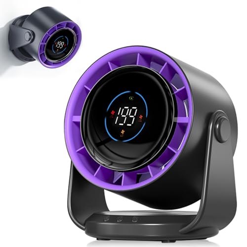 PTHTECHUS Ventilatore da tavolo, forte flusso d'aria, batteria da 5000 mAh, Pantalla LED, 1-199 velocità,ventola portatile, funzione girevole a 105 ,montaggio a parete per casa,ufficio,camera