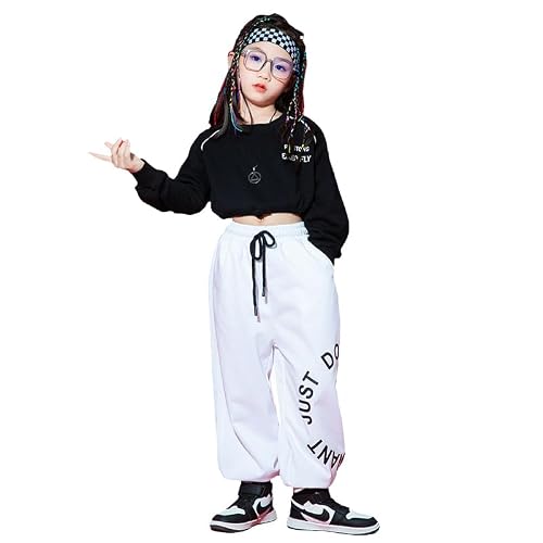 Image of Irsutey Girls Hip Hop Dance Clothes 2PCS Crop Long Sleeve Shirt Top Sport Jogger Pants Sets Active Outfits Street Wear (White,150/9-10 Y)