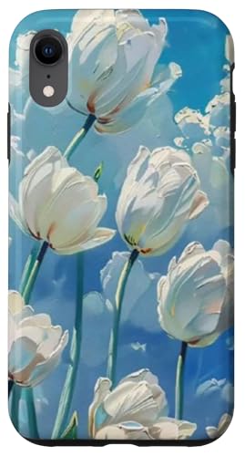 Coque pour iPhone XR Tulipes blanches ciel bleu nuages moelleux