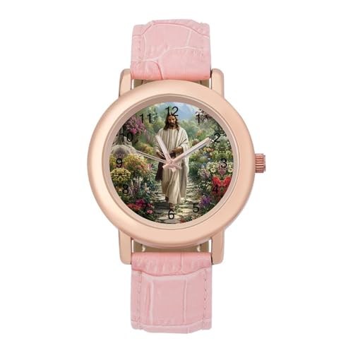 Christlicher Gott, Jesus- Man, Uhr für Damen, rosa Lederband, Damenuhren, rundes Gehäuse, Drei- Zeiger- Armbanduhr