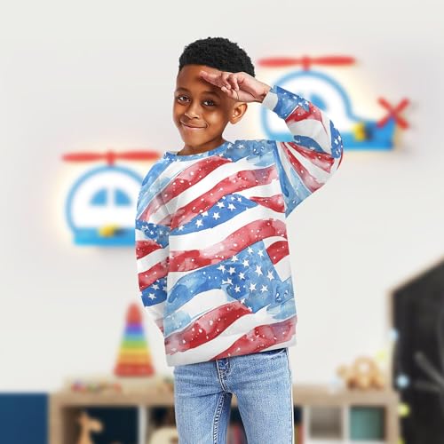 Watercolor 4th July Stars Red Blue Strips Little Kids Hooded Sweatshirt Long Sleeve Boys Sweat Shirt Sports 4T4