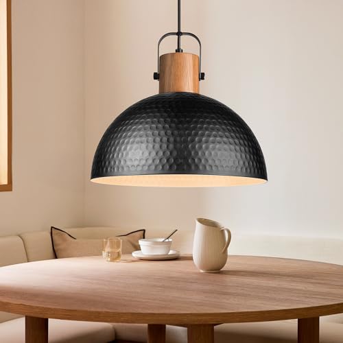 ELYONA 2 Pack Large Ash Wood Hammered Pendant Light Fixtures 16 Inch Metal Dome Ceiling Hanging Lamp, Industrial Kitchen Island Pendant Lighting for Farmhouse, Dining Room,Living Room, Black by ELYONA - Image 2