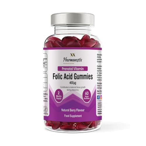 Pharmanostix Folic Acid 400μg Gummy - Vitamin B9 Prenatal Conception - Natural Berry Flavour Vegan Gummies to Support Health Pregnancy & Foetus Development - GMO & Allergens Free - 60 Gummies
