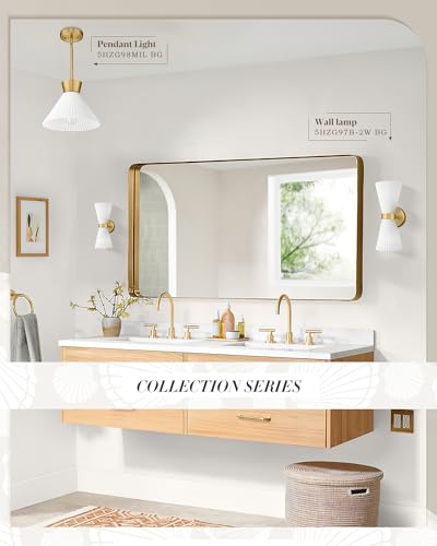 Image of Gold Sconce Wall Lighting, HWH Single Wall Vanity Light Fixture Brushed Gold Wall Sconce Lamp, Modern Indoor Up Down Wall Light with Frosted Milk White Striped Glass Shade, 5HZG97B-2W BG
