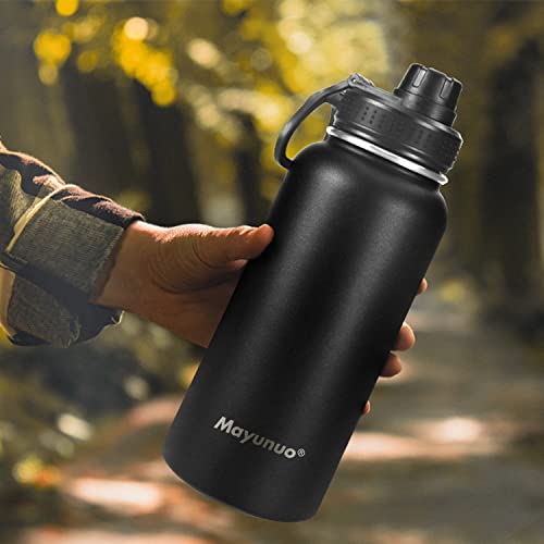 Mayunuo 32 Oz Insulated Metal Water Bottle, Stainless Steel Double Wall Vacuum Wide Mouth Sport Water Bottle With Straw, 3 Leak Proof Lids, 1 Tube Brush, Bpa-Free, Black #TOP5