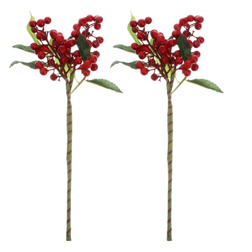 Image of SEWACC Artificial Cloth 2pcs Christmas Red Berry Holly Branches Silk Decor