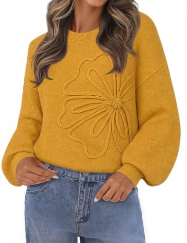 MEROKEETY Womens Fall Floral Cute Sweaters Winter Trendy Top, Turmeric, XL