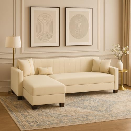 Image of SOCOZI Averique 4 Seater LHS L Shape Sofa Set |Premium Leatherette Upholstery | Modern Design | Plush Comfort Cushions for Living Room (Cream)