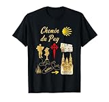 Chemin du Puy. Design complet avec pèlerin regardant la carte, chemin de Camino à la cathédrale, panneau de directions multiples, et symboles de Santiago : coquille Saint-Jacques jaune, flèche jaune, croix de Santiago, informations d'identification du pèlerin (passeport de pèlerin) avec timbres.