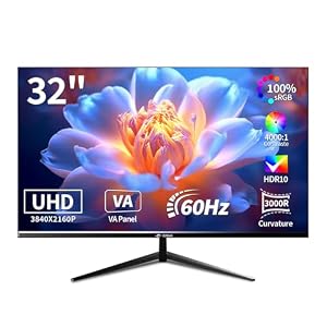 CRUA 32 Pouces incurvé Moniteur de Jeu 4K - Taux de rafraîchissement de 60 Hz, Temps de réponse de 1 ms, Prise en Charge HDR10, Compatible G-Sync, Dalle VA incurvée 3000R idéal pour Les GA