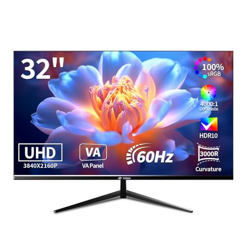 CRUA 32 Pouces incurvé Moniteur de Jeu 4K - Taux de rafraîchissement de 60 Hz, Temps de réponse de 1 ms, Prise en Charge HDR10, Compatible G-Sync, Dalle VA incurvée 3000R idéal pour Les GA