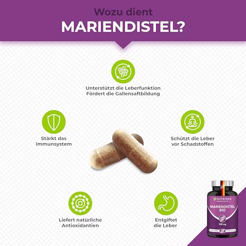 Mariendistel Bio Hochdosiert 900mg - 120 Kapseln - Reines Extrakt - Für die Leber - Silymarin - Vegan - Ohne Zusätze - Nutrimea - Premium Qualität