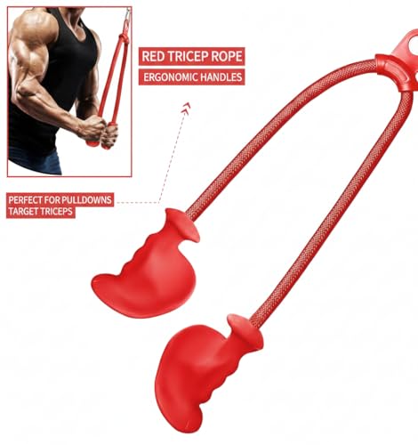 Image of Tricep Rope with Ergonomic Handles, 36 Inch Tricep Pull Down Rope for Cable Machine, Pulley System, Triceps Rope Cable Attachment for Gym, Home (Red)