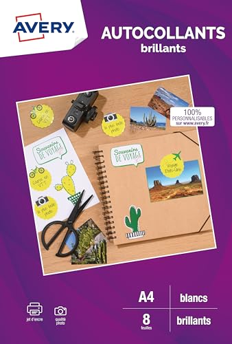 AVERY - 8 Étiquettes Brillante Autocollantes Personnalisables - Format 289,1 x 199,6 mm - Qualité Photo - Compatible Machine de Découpe - Impression Jet d’Encre