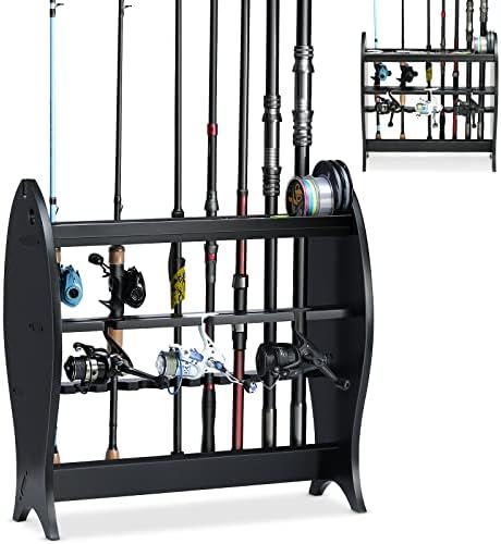 EXTCCT Fishing Rod Rack For Garage, Wood Vertical Fishing Pole Holders Floor Storage Rack Holds Up to 9 Rods or Combos, Fishing Rod Holders for Garage With 3 Separate Fishing Reels Storage