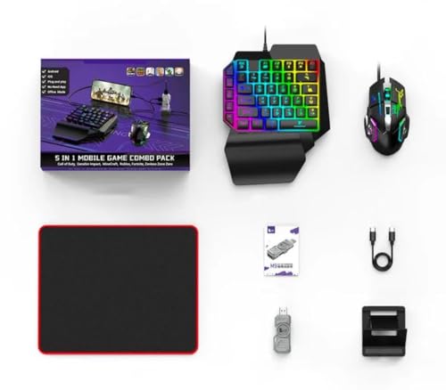 Image of 5 in 1 Mobile Game Combo Pack with RGB Mini Gaming Keyboard & Mouse with Side Button & Mobile Holder,Gaming Adapter with Mobile Game Converter for Android & iOS