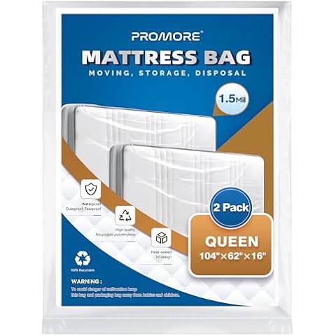 PROMORE 2PK Queen Plastic Mattress Bag for Disposal, Clear Mattress Covers for Moving or Storage, Christmas Tree Removal&Storage Bag (1.5Mil,Queen Size,104"x62"x16") Cover