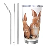 PKTTECRFPK Trinkbecher aus Edelstahl mit Deckel und Strohhalm, doppelwandig, vakuumisoliert, Reisebecher, auslaufsicherer Deckel für heiße und kalte Getränke, Metall-Trinkhalme und Bürste