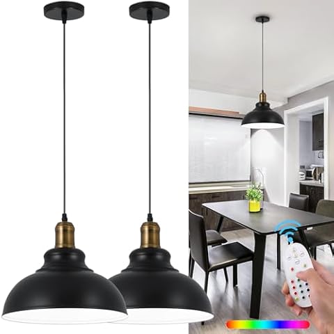 Battery Operated Pendant Lights,Rechargeable Pendant Light with Remote,Black Gold Pendant Light Fixtures for Kitchen Island,Modern Industrial Hanging Lights for Dining Room Hallway Entryway(2 Pack) Cover