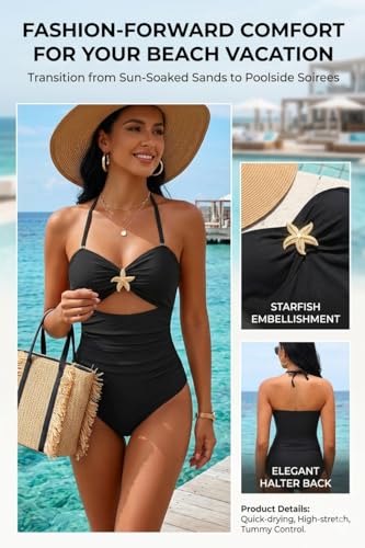 Image of Tempt Me Women Sexy Cutout One Piece Swimsuits Tummy Control High Waisted Halter Front Tie Knot Bathing Suit